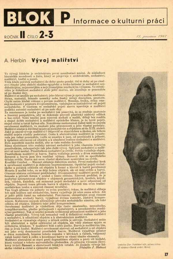 Z časopisu: Blok, časopis pro umění, ročník II, č. 1, Brno 1947, Blok Informace o kulturní práci, s. 17